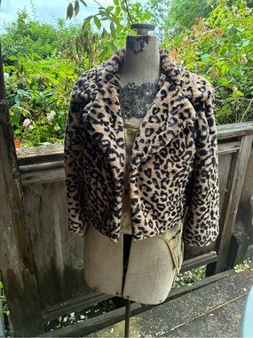 CAbi Leopard Print Teddy Jacket in Tan and Black